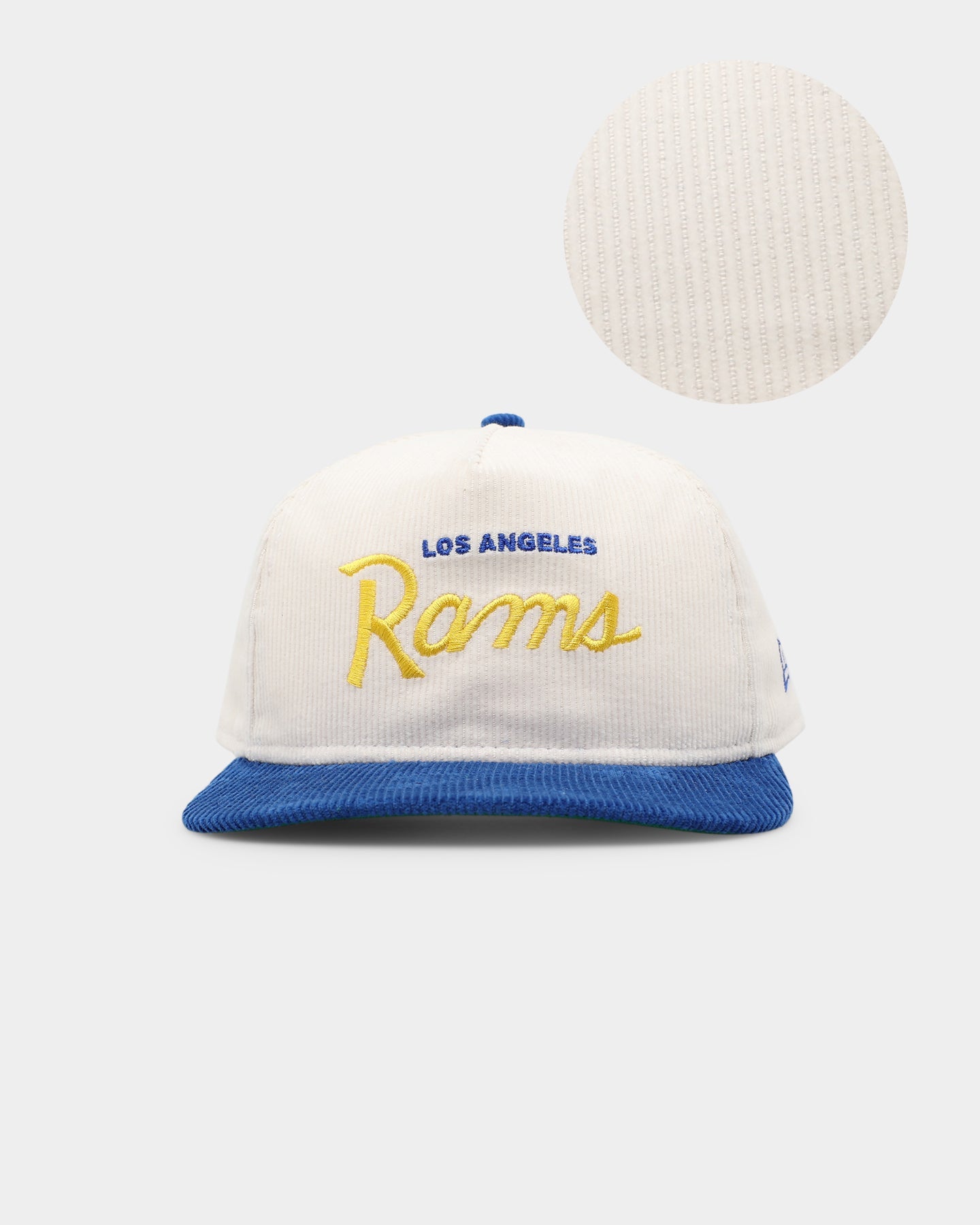 New Era Los Angeles Rams 'Chrome Corduroy Throwback Script' Golfer Snapback Chrome White