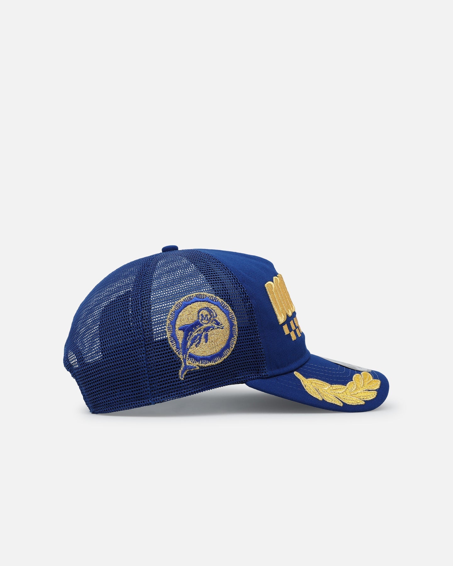 New Era Miami Dolphins 'Podium Pack' Pre-Curved Golfer Trucker Snapback Light Royal/Metallic