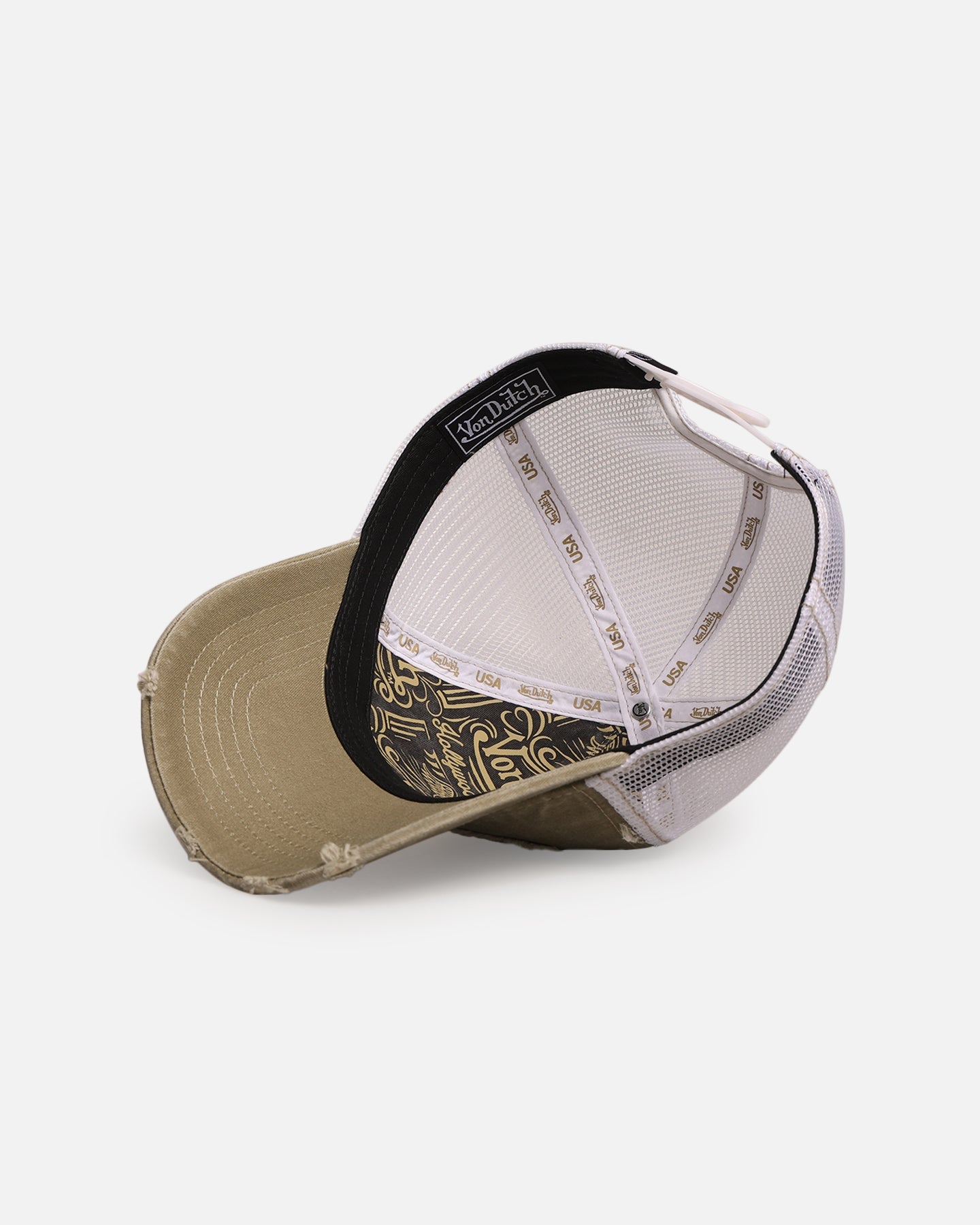 Von Dutch Destroyed Twill Trucker Snapback Washed Khaki