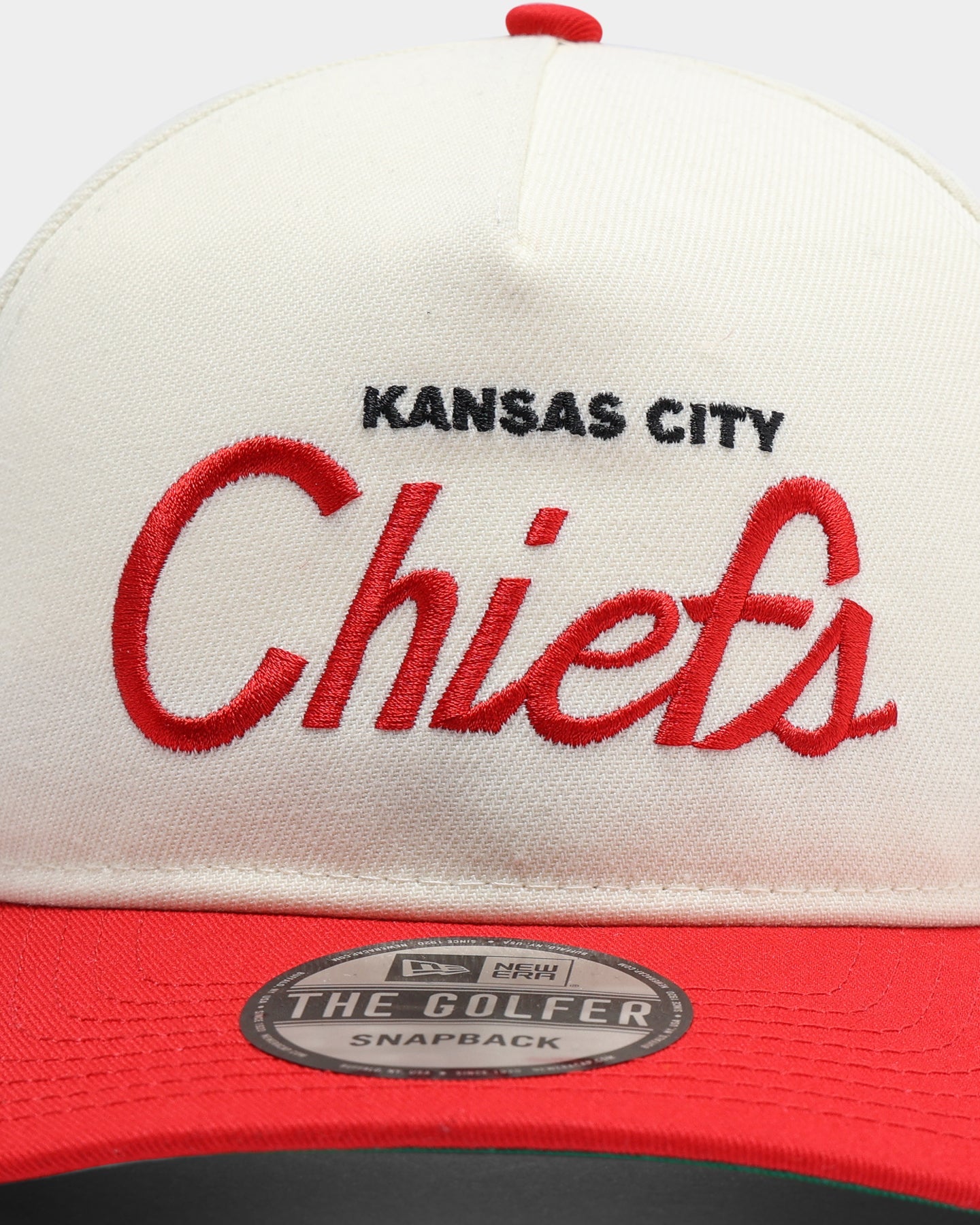 New Era Kansas City Chiefs Off White Script Old Golfer Snapback Off White
