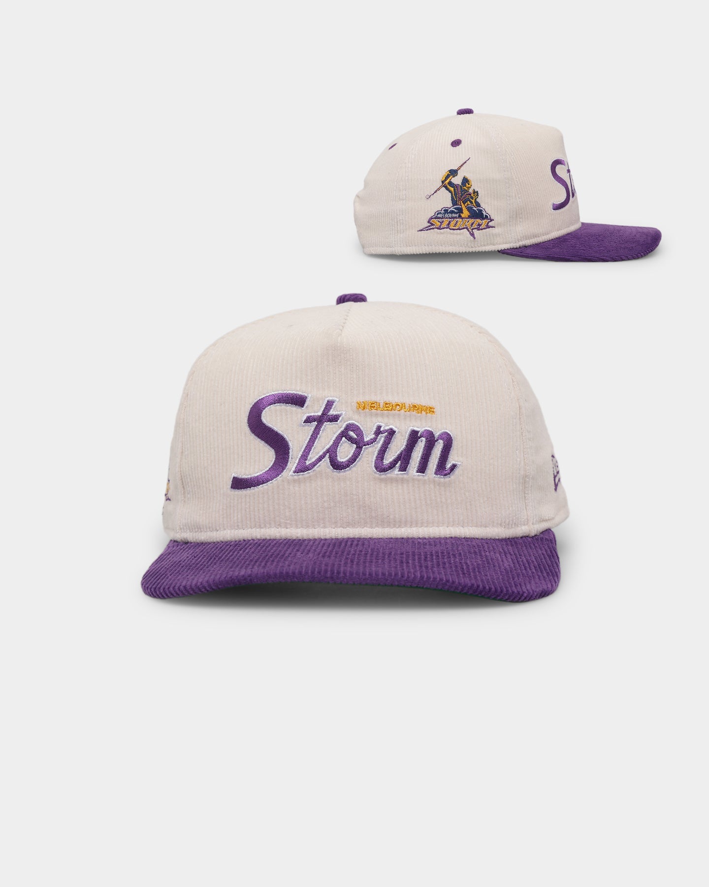 New Era Melbourne Storm 'NRL Retro Script Corduroy' Golfer Snapback Chrome White