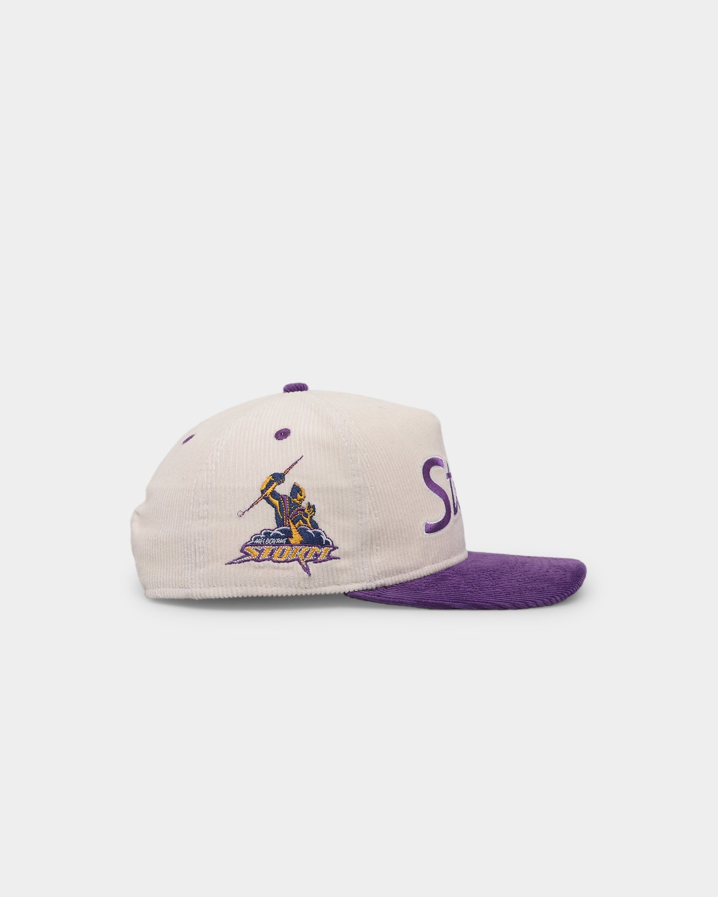New Era Melbourne Storm 'NRL Retro Script Corduroy' Golfer Snapback Chrome White