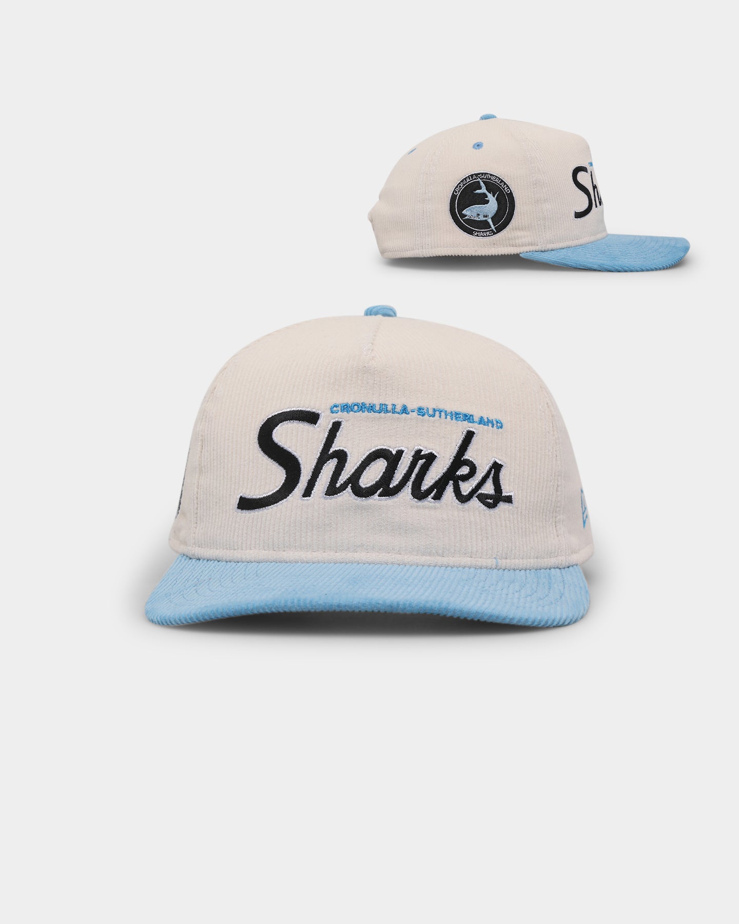 New Era Cronulla Sharks 'NRL Retro Script Corduroy' Golfer Snapback Chrome White
