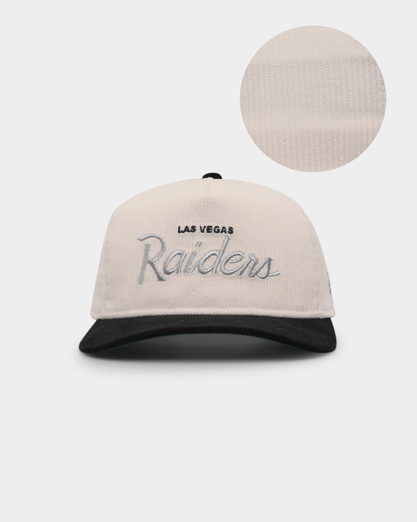 New Era Las Vegas Raiders 'Chrome Corduroy Throwback Script' Golfer Snapback Chrome White