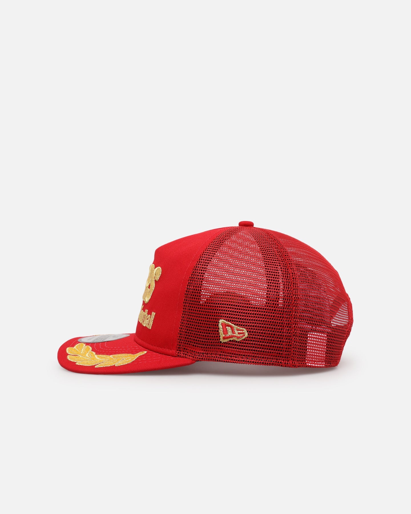 New Era San Francisco 49ers 'Podium Pack' Pre-Curved Golfer Trucker Snapback Scarlet/Metallic Gold