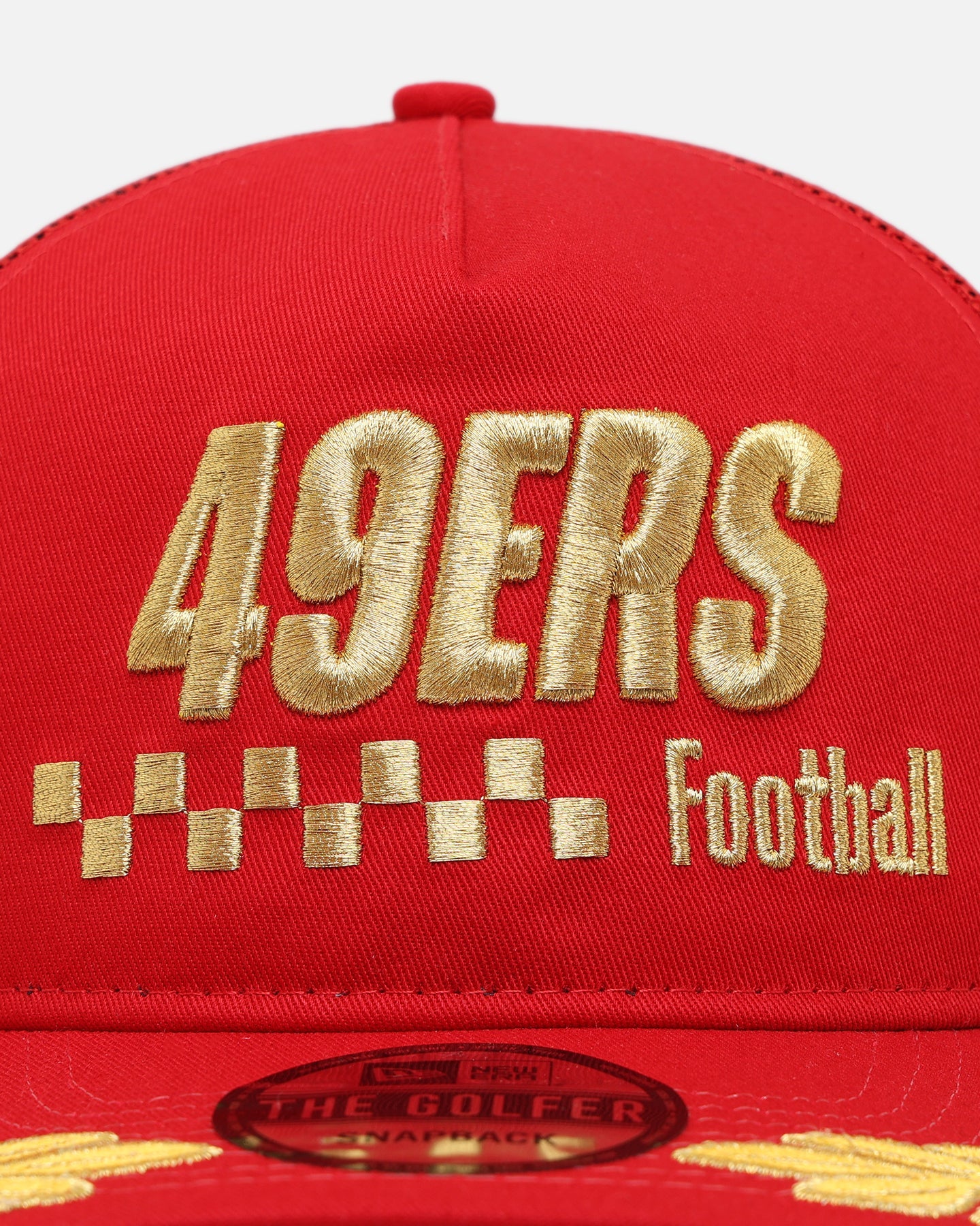 New Era San Francisco 49ers 'Podium Pack' Pre-Curved Golfer Trucker Snapback Scarlet/Metallic Gold