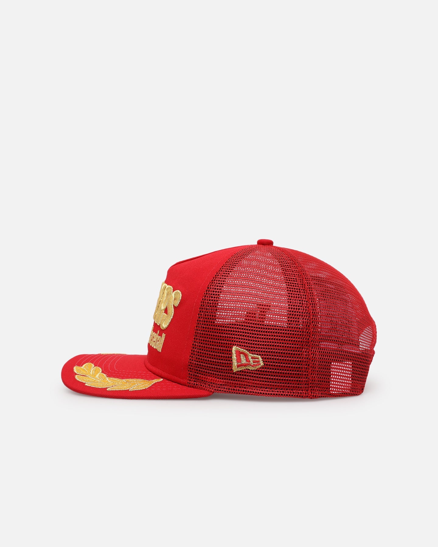 New Era Los Angeles Dodgers 'Podium Pack' Pre-Curved Golfer Trucker Snapback Scarlet/Metallic Gold