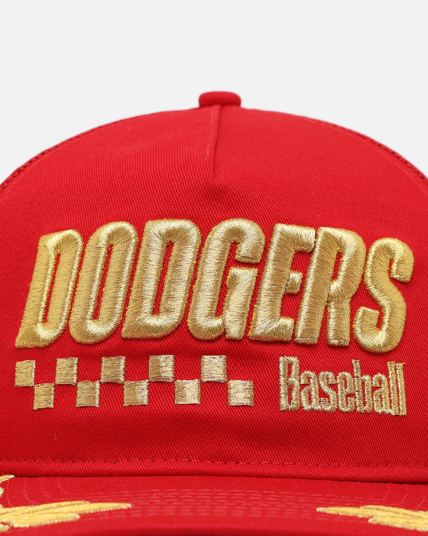 New Era Los Angeles Dodgers 'Podium Pack' Pre-Curved Golfer Trucker Snapback Scarlet/Metallic Gold