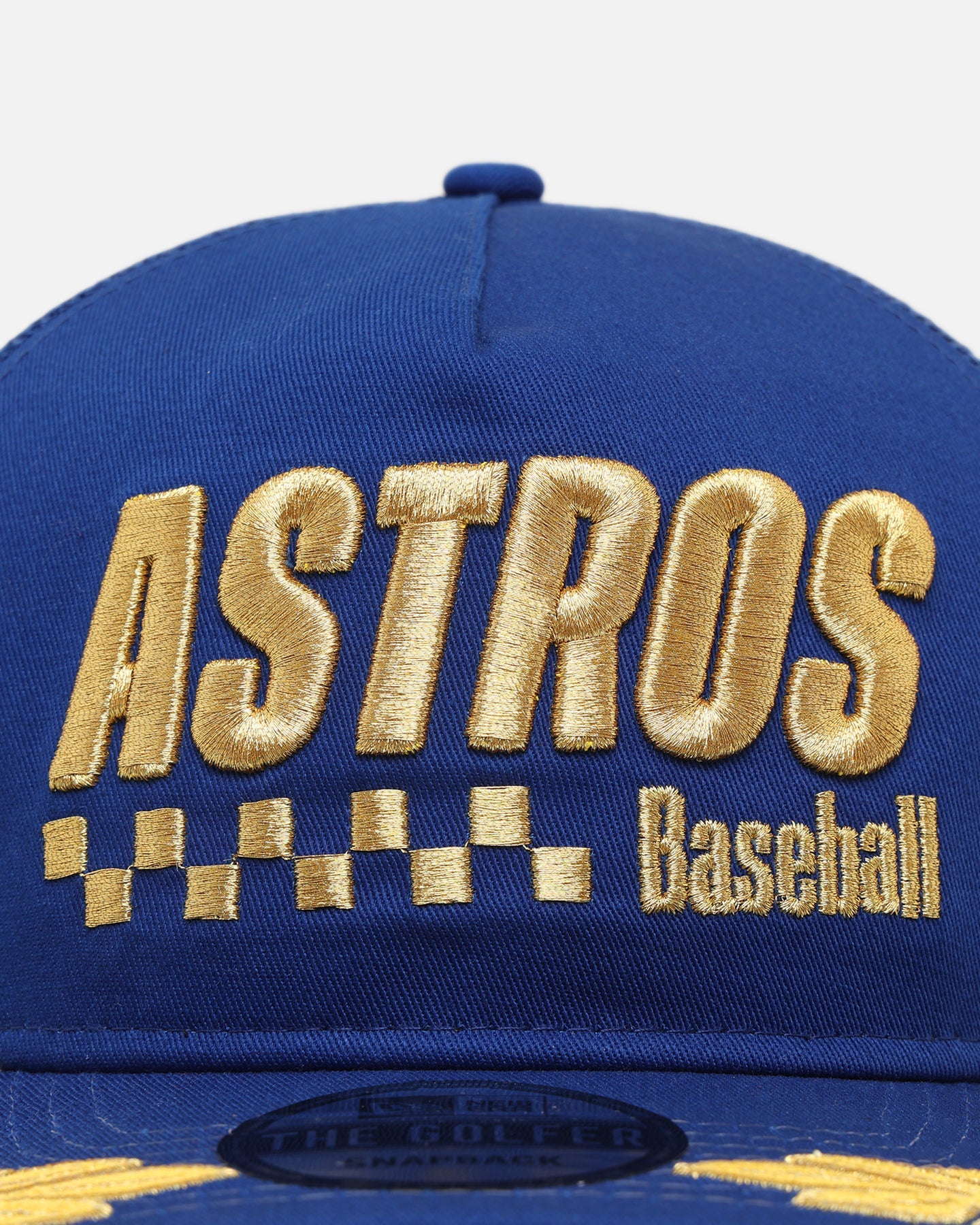 New Era Houston Astros 'Podium Collection' Pre-Curved Golfer Trucker Snapback Light Royal/Metallic Gold